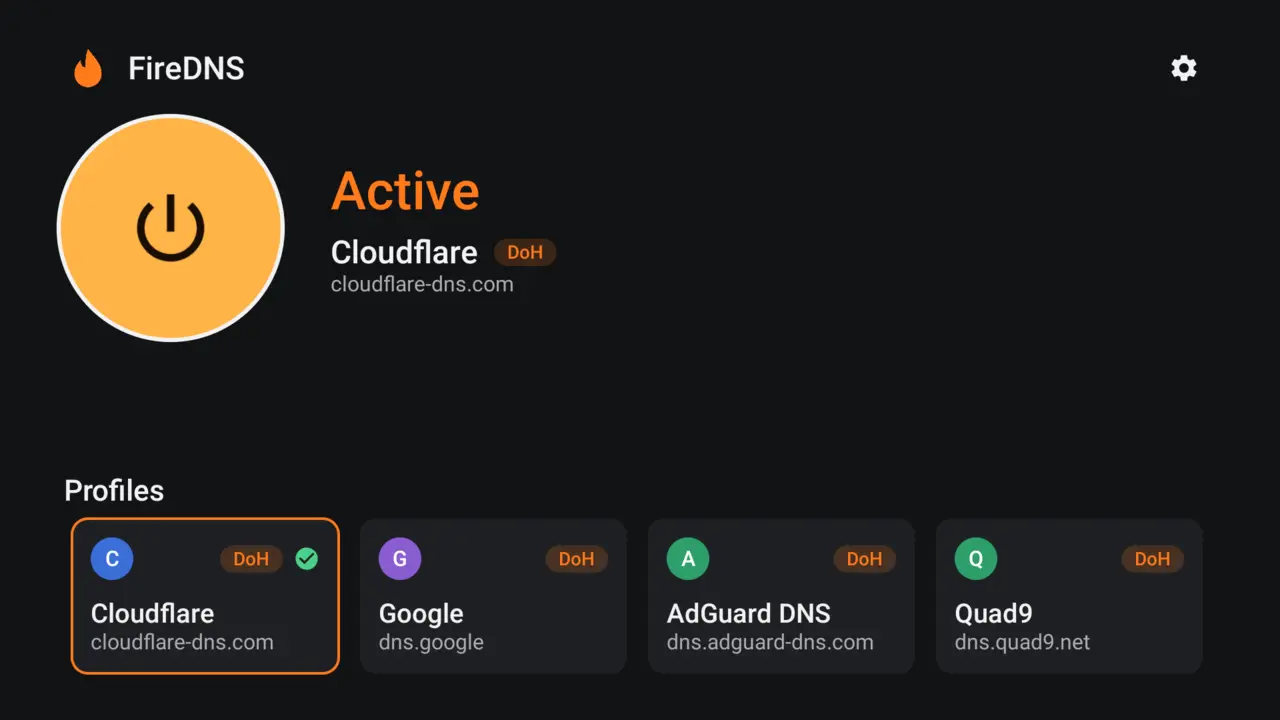 FireDNS home screen on a Fire TV: a large power button showing Active with Cloudflare over DoH, and profile cards for Cloudflare, Google, AdGuard DNS and Quad9.
